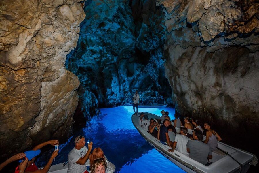 From Split: Blue Cave, Hvar, Mamma Mia, 5 Islands boat Tour - Military bunkers and the southern coast of Vis